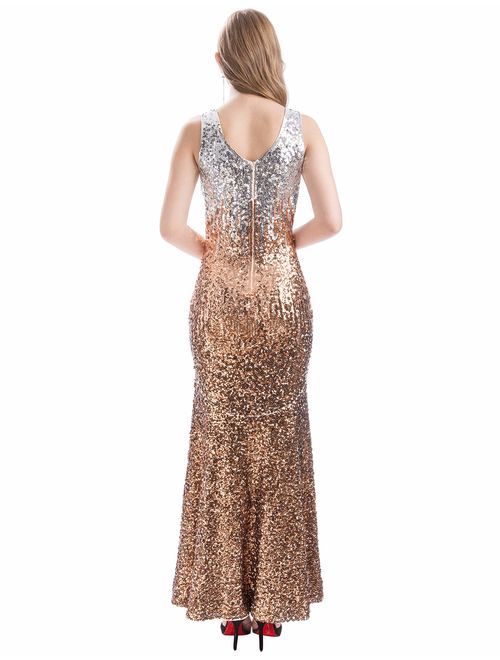 Buy Maner Women V Neck Sequin Long Dress Sleeveless Evening Prom Formal