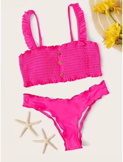 Buy Shein Smocked Button Front Top With High Cut Bikini Set Online