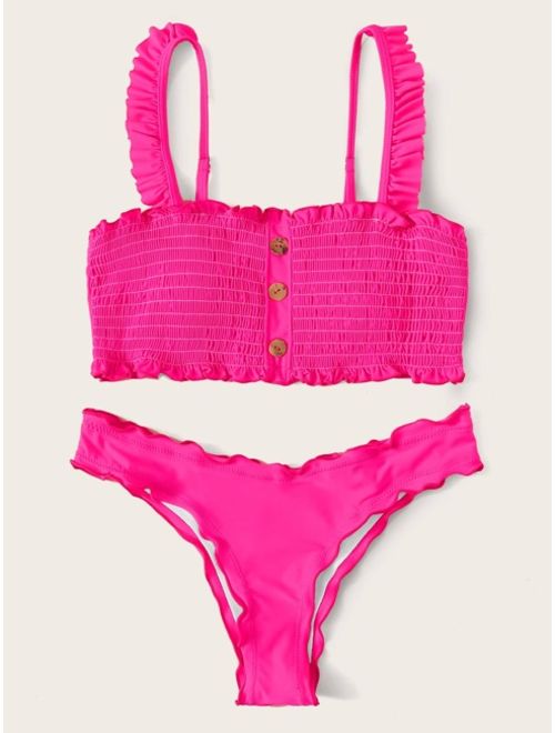 Buy Shein Smocked Button Front Top With High Cut Bikini Set Online