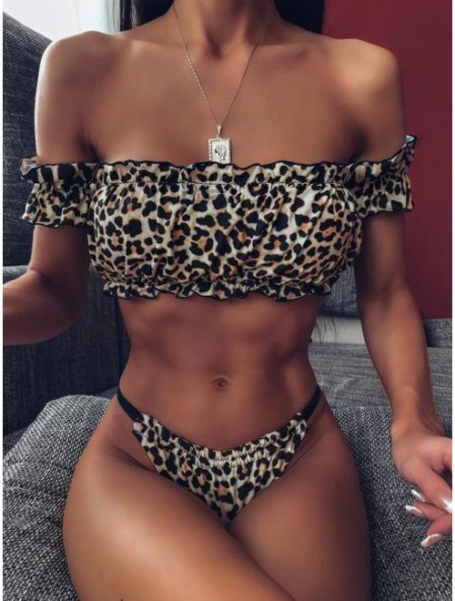 Buy Leopard Bardot Top With Tanga Bikini Set Online Topofstyle