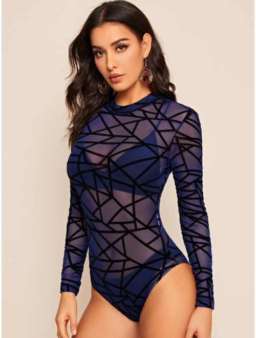 Buy Shein Mock Neck Sheer Geo Mesh Bodysuit Without Lingerie Online