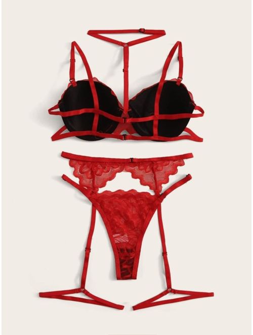 Buy Floral Lace Underwire Garter Lingerie Set With Choker Online