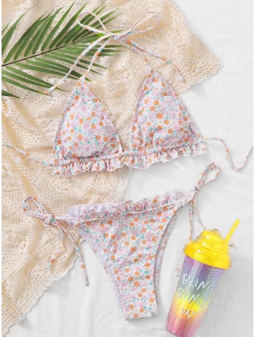 Buy Shein Ditsy Floral Triangle Tie Side Bikini Swimsuit Online