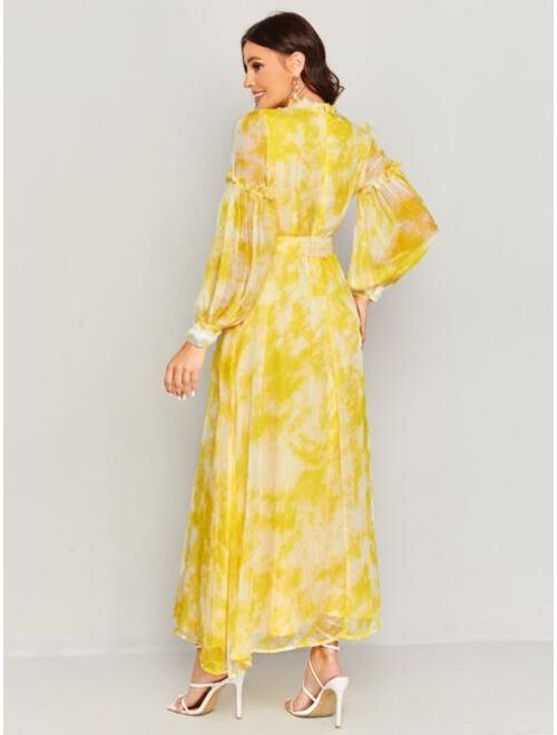 Buy SHEIN X Dr Kholoud Bishop Sleeve Self Belted Tie Dye Dress Online