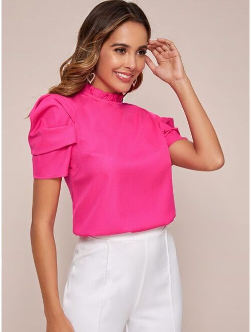 Buy Shein Neon Pink Frilled Neck Puff Sleeve Top Online Topofstyle