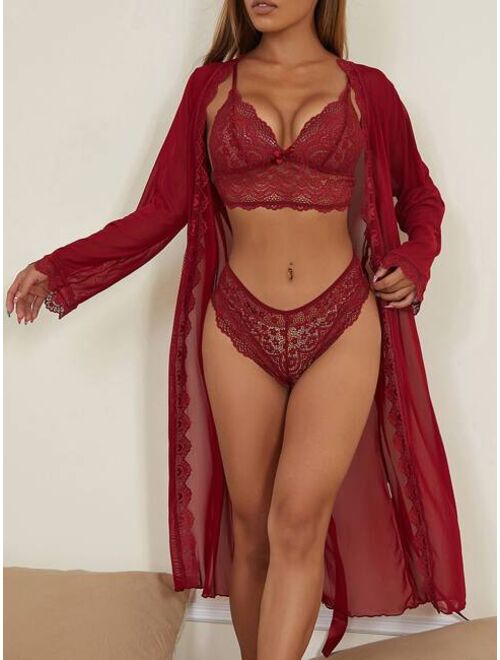 Buy Shein Floral Lace Lingerie Set With Belted Mesh Robe Online