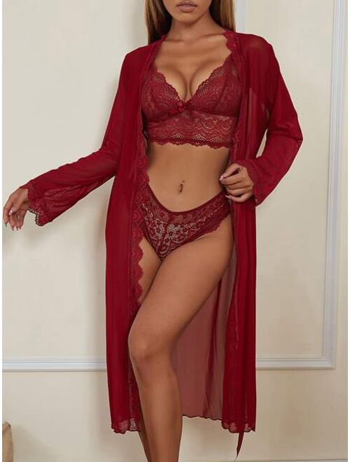 Buy Shein Floral Lace Lingerie Set With Belted Mesh Robe Online