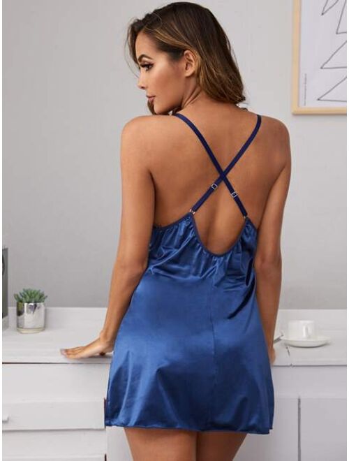 Buy Shein Contrast Lace Satin Slips With Thong Online Topofstyle