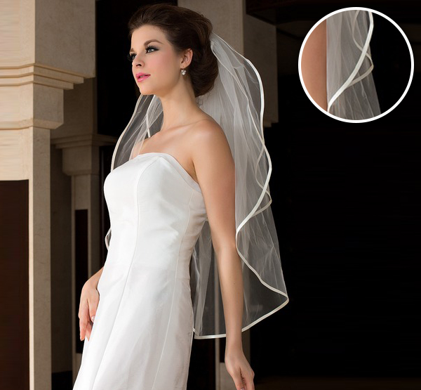 Narrow Ribbon Edge Illusion 2 Tier Waltz Knee Length Veil Satin Poly