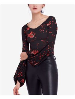 Womens Black Printed Long Sleeve Scoop Neck Top Size: XS