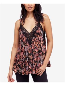 Womens Black Pleated Printed Spaghetti Strap V Neck Top Size: S