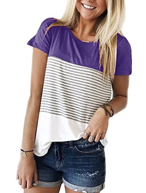 YunJey Round Neck Triple Color Block Stripe T-Shirt