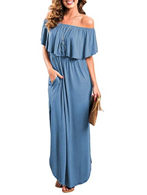 THANTH Off The Shoulder Ruffle Party Dresses Short Side Slit Beach Maxi Dress