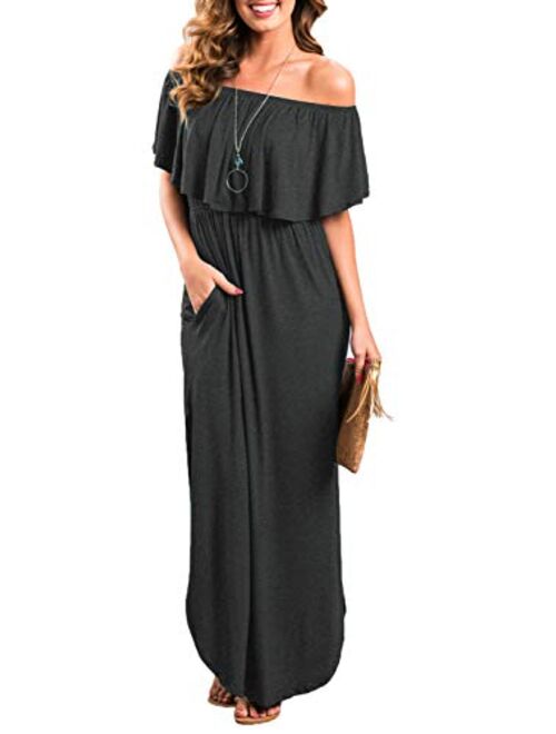 THANTH Off The Shoulder Ruffle Party Dresses Short Side Slit Beach Maxi Dress