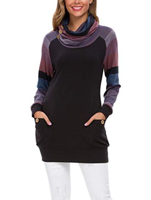 Levaca Womens Long Sleeve Button Cowl Neck Casual Slim Tunic Tops with Pockets