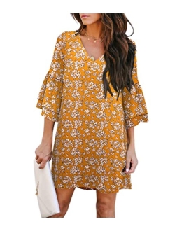 BELONGSCI Sweet & Cute V-Neck Bell Sleeve Shift Dress Mini Dress