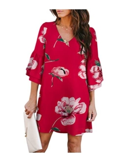 BELONGSCI Sweet & Cute V-Neck Bell Sleeve Shift Dress Mini Dress