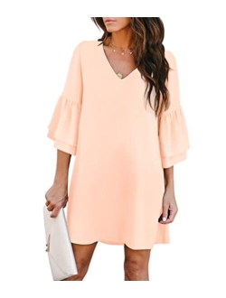 BELONGSCI Sweet & Cute V-Neck Bell Sleeve Shift Dress Mini Dress