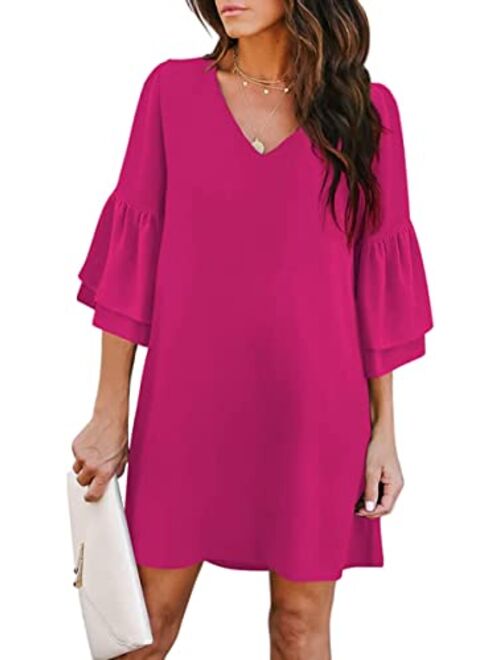 BELONGSCI Sweet & Cute V-Neck Bell Sleeve Shift Dress Mini Dress