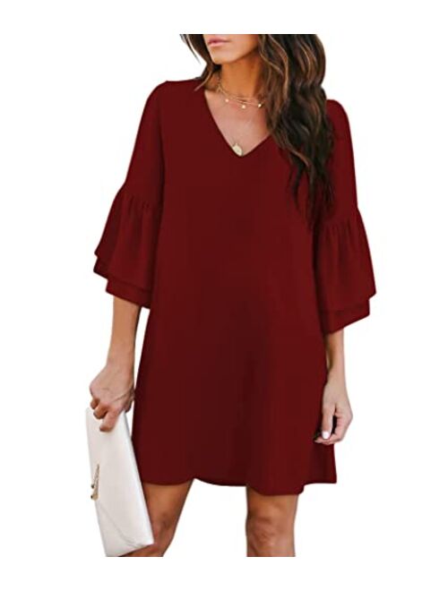 BELONGSCI Sweet & Cute V-Neck Bell Sleeve Shift Dress Mini Dress