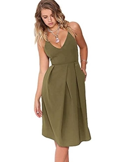 Eliacher Women's Deep V Neck Adjustable Spaghetti Straps Summer Dress Sleeveless Sexy Backless Party Dresses with Pocket