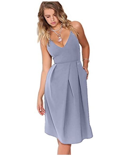 Eliacher Women's Deep V Neck Adjustable Spaghetti Straps Summer Dress Sleeveless Sexy Backless Party Dresses with Pocket