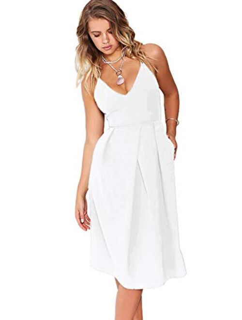 Eliacher Women's Deep V Neck Adjustable Spaghetti Straps Summer Dress Sleeveless Sexy Backless Party Dresses with Pocket