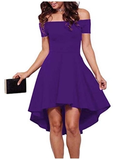 Sidefeel Women Off The Shoulder Short Sleeve High Low Hem Club Cocktail Skater Dress