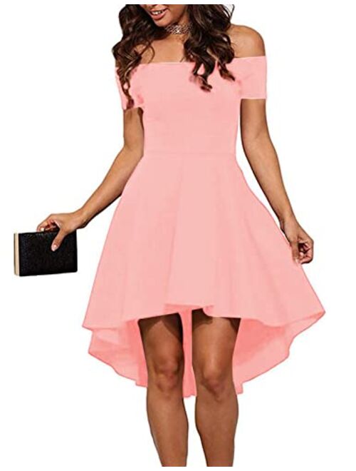 Sidefeel Women Off The Shoulder Short Sleeve High Low Hem Club Cocktail Skater Dress