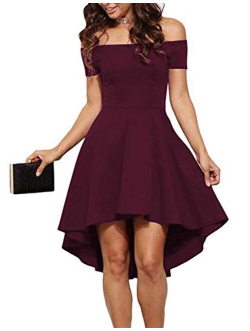 Sidefeel Women Off The Shoulder Short Sleeve High Low Hem Club Cocktail Skater Dress