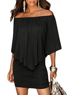 Sidefeel Women Off Shoulder Ruffles Bodycon Mini Dress