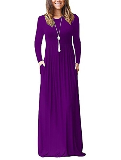 Women Long Sleeve Loose Plain Maxi Pockets Dresses Casual Long Dresses