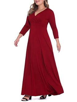 POSESHE Solid Deep V-Neck 3/4 Sleeve Plus Size Evening Party Maxi Dress