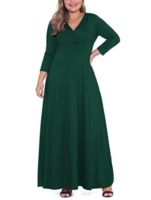 POSESHE Solid Deep V-Neck 3/4 Sleeve Plus Size Evening Party Maxi Dress