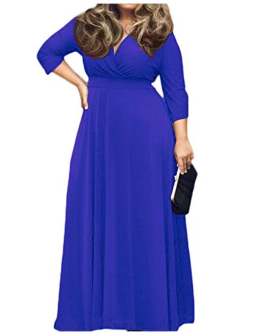 POSESHE Solid Deep V-Neck 3/4 Sleeve Plus Size Evening Party Maxi Dress