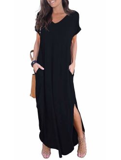 Loose Pocket Long Dress Short Sleeve Short Side Slit Casual Maxi Dresses