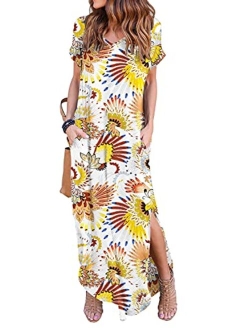 Loose Pocket Long Dress Short Sleeve Short Side Slit Casual Maxi Dresses