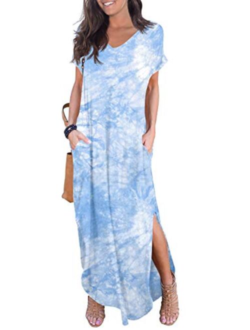 GRECERELLE Loose Pocket Long Dress Short Sleeve Short Side Slit Casual Maxi Dresses