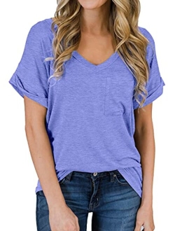 MIHOLL Short Sleeve V-Neck Shirts Loose Casual Tee T-Shirt