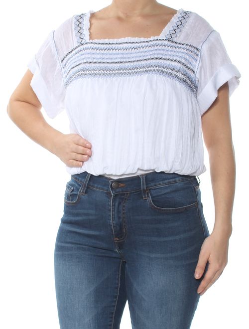 FREE PEOPLE Womens White Embroidered Short Sleeve Square Neck Top Size: L