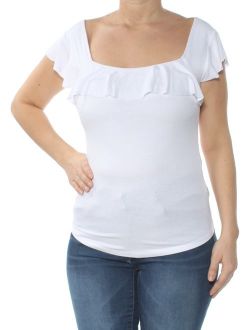 Womens White Ruffled Short Sleeve Square Neck Top Size: M