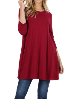 Women Round Neck Long or 3/4 Sleeve Flattering Comfy Swing Tunic Loose Fit Flowy Top