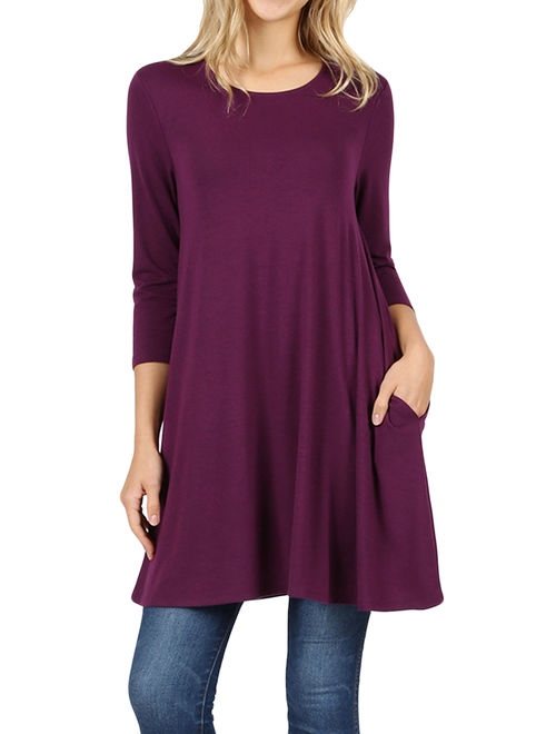 Women Round Neck Long or 3/4 Sleeve Flattering Comfy Swing Tunic Loose Fit Flowy Top