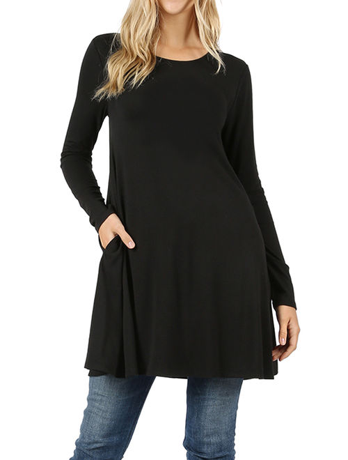 Women Round Neck Long or 3/4 Sleeve Flattering Comfy Swing Tunic Loose Fit Flowy Top