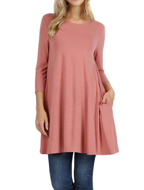 Women Round Neck Long or 3/4 Sleeve Flattering Comfy Swing Tunic Loose Fit Flowy Top