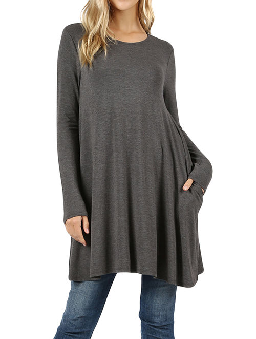 Women Round Neck Long or 3/4 Sleeve Flattering Comfy Swing Tunic Loose Fit Flowy Top