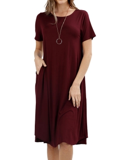 Womens & Plus Round Neck Short Sleeve Knee Length A-Line Swing Trapeze Dress