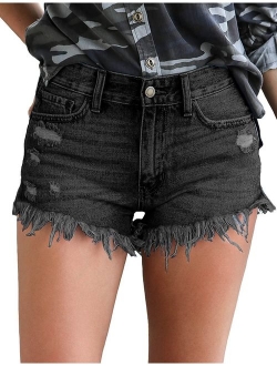 luvamia Women's Mid Rise Shorts Frayed Raw Hem Ripped Denim Jean Shorts