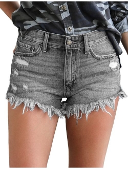 luvamia Women's Mid Rise Shorts Frayed Raw Hem Ripped Denim Jean Shorts