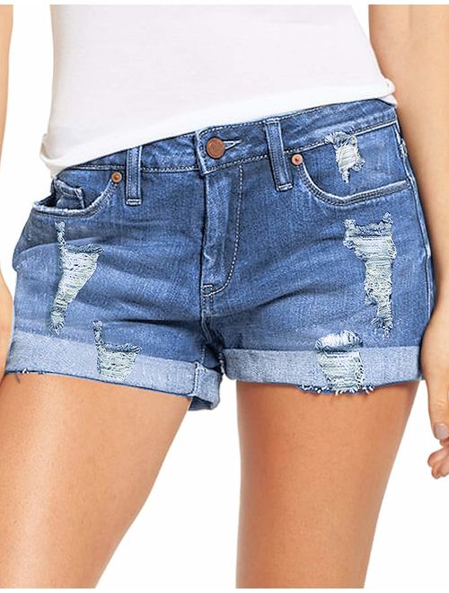 luvamia Women's Mid Rise Shorts Frayed Raw Hem Ripped Denim Jean Shorts